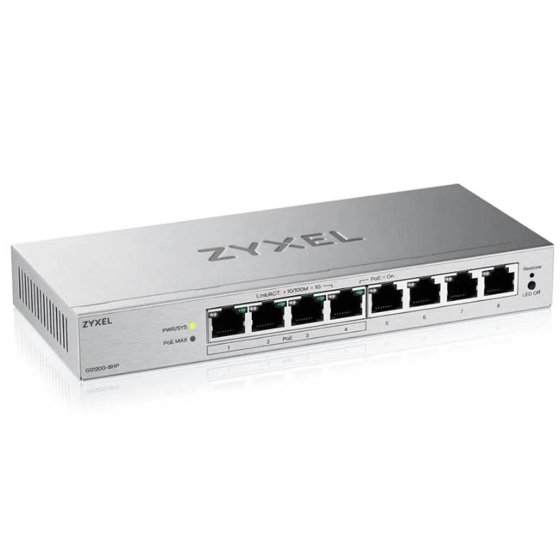 Zyxel GS1200-8HPV3 Gerido L2 Gigabit Ethernet (10/100/1000) Power over Ethernet (PoE) PC Cinzento - Imagem de Detalhe 1