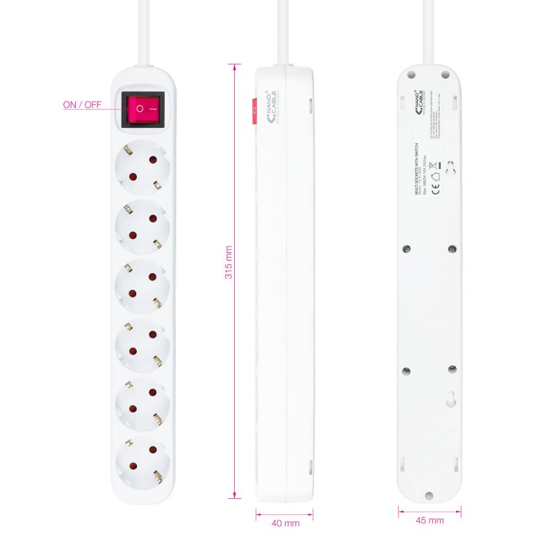 Nanocable Regleta 6 tomadas com interruptor Branca - Imagem de Detalhe 3