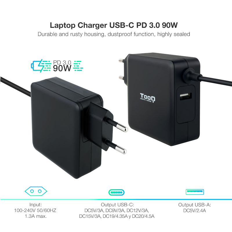 Tooq Carregador portátil conector USB-C 90W - Imagem de Detalhe 7