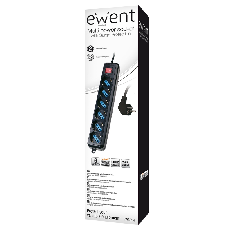 Ewent EW3924 Régua 6 tomadas com proteção Preto - Imagem de Detalhe 8