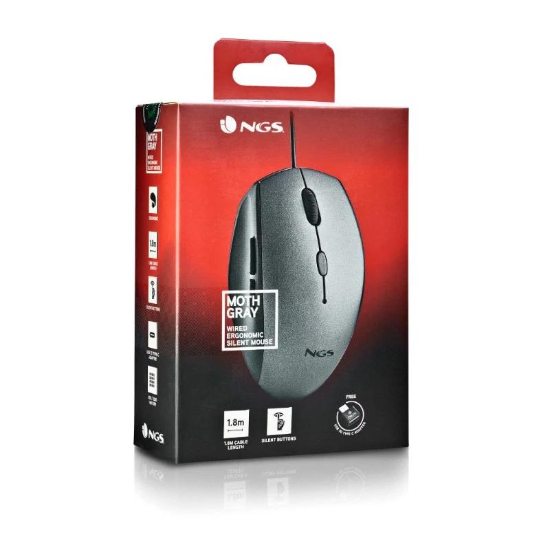 NGS MOUSE SILENCIOSO ERGONÓMICO COM FIO + ADAPTADOR USB TIPO C CINZA - Imagem de Detalhe 3