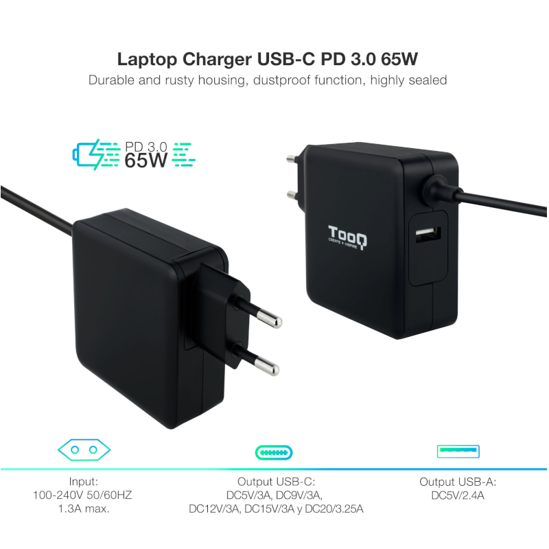 Tooq Carregador portátil conector USB-C 65W - Imagem de Detalhe 19