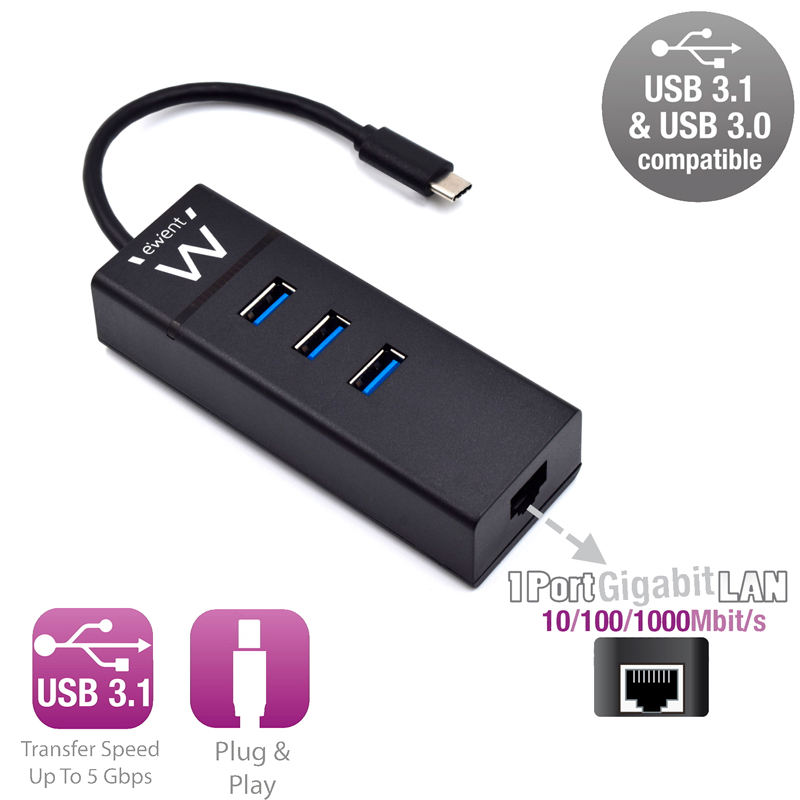 EWENT EW1141 Hub Tipo-C 3Pts.USB 3.1+1ponto. GIGABIT - Imagem de Detalhe 43
