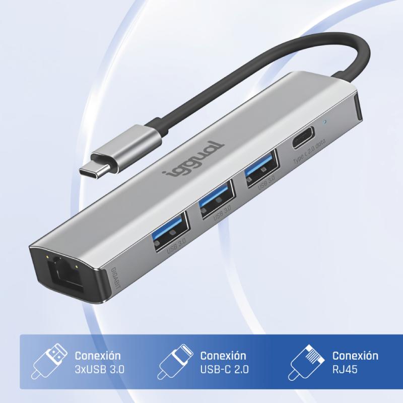 iggual Hub tipo C 5 portas 3xUSB + RJ45 + tipo C - Imagem de Detalhe 1
