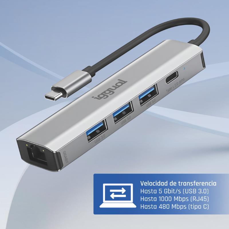 iggual Hub tipo C 5 portas 3xUSB + RJ45 + tipo C - Imagem de Detalhe 2