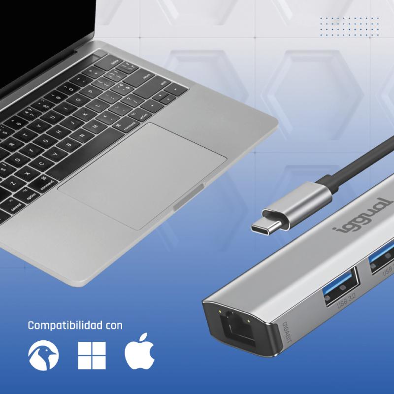 iggual Hub tipo C 5 portas 3xUSB + RJ45 + tipo C - Imagem de Detalhe 3