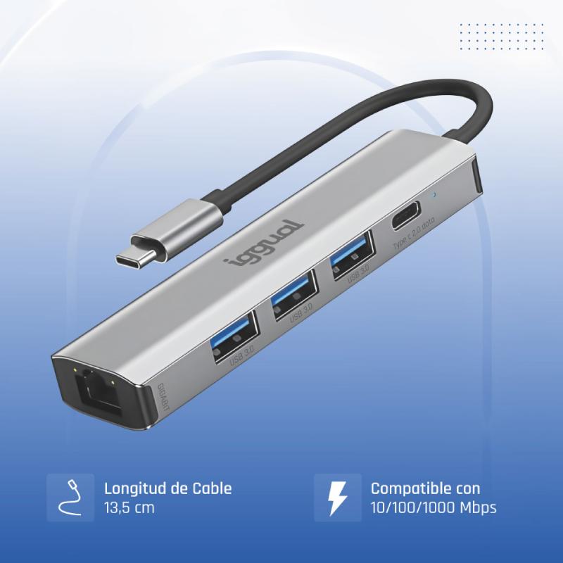 iggual Hub tipo C 5 portas 3xUSB + RJ45 + tipo C - Imagem de Detalhe 4
