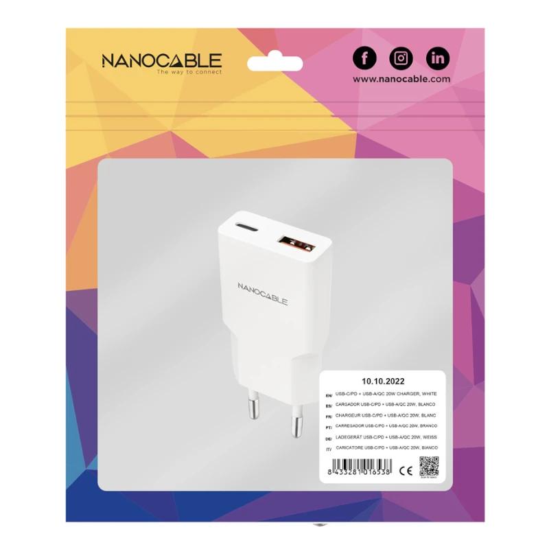 Nanocable Cargador USB-C/PD + USB-A/QC 20W Blanco - Imagem de Detalhe 1