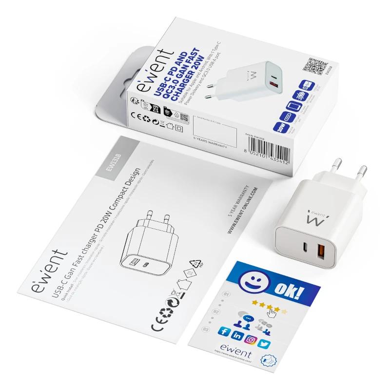 EWENT EW1318 Cargador rápido USB-C PD 20W USB-A QC - Imagem de Detalhe 1