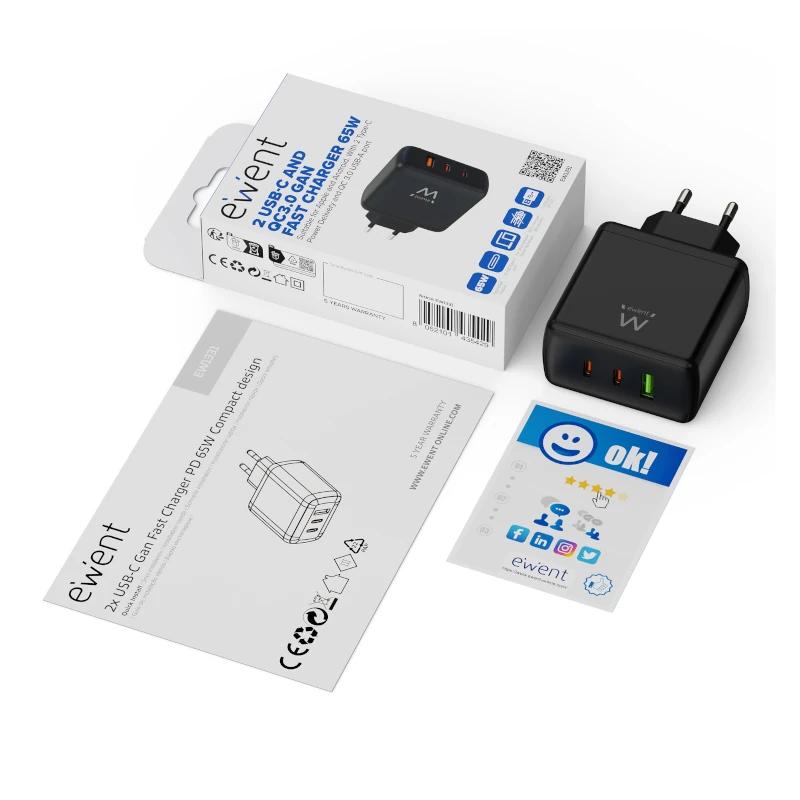 EWENT Cargador Gan Fast 65W 2 USB-C PD-1USB-A QC - Imagem de Detalhe 1