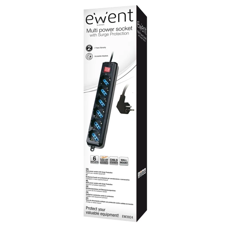 Ewent EW3924 Régua 6 tomadas com proteção Preto - Imagem de Detalhe 4