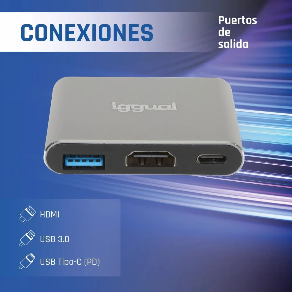 iggual Hub tipo C 3 em 1 HDMI USB3.0 PD100W - Imagem de Detalhe 6