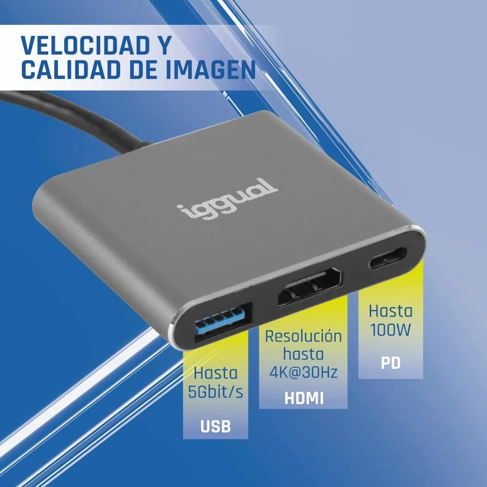 iggual Hub tipo C 3 em 1 HDMI USB3.0 PD100W - Imagem de Detalhe 8
