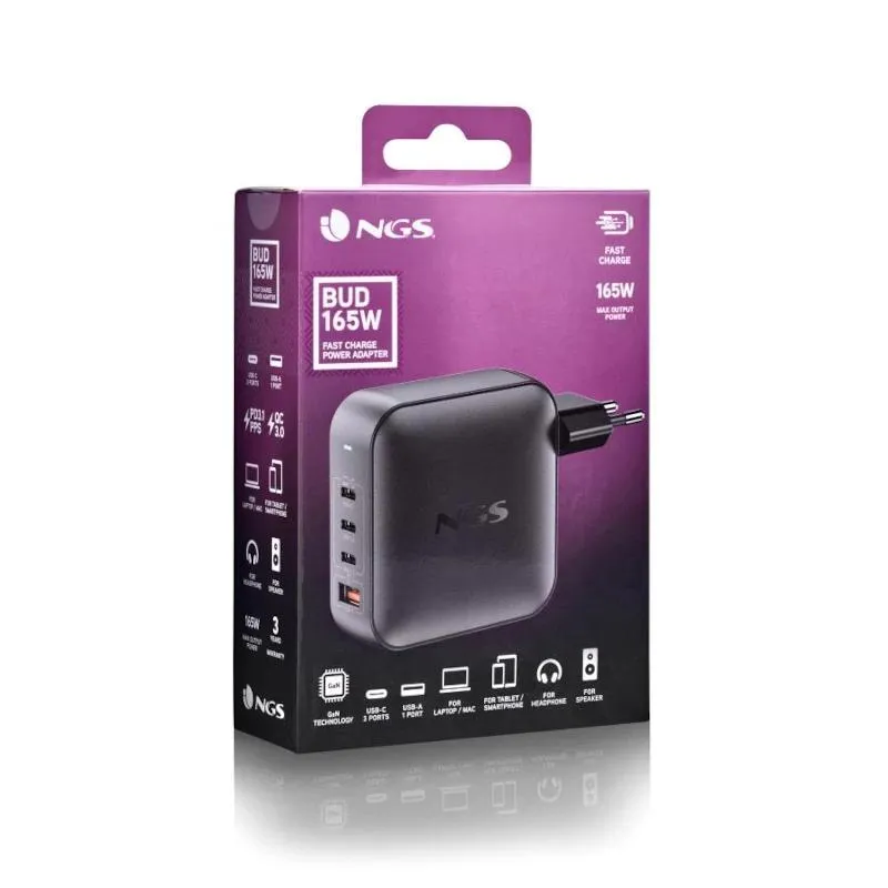 NGS CARREGADOR ULTRARRÁPIDO 165W 4 PORTAS 3 USB-C 1 USB - Imagem de Detalhe 2
