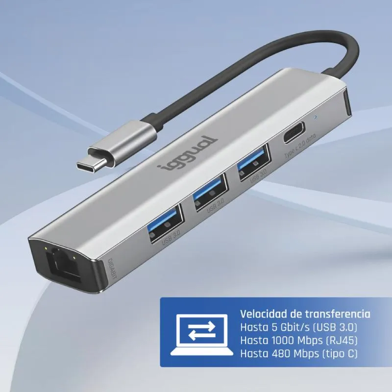 iggual Hub tipo C 5 portas 3xUSB + RJ45 + tipo C - Imagem de Detalhe 2