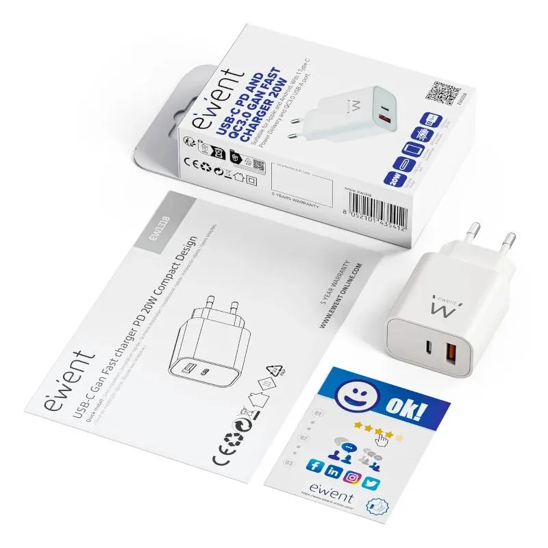 EWENT EW1318 Cargador rápido USB-C PD 20W USB-A QC - Imagem de Detalhe 1