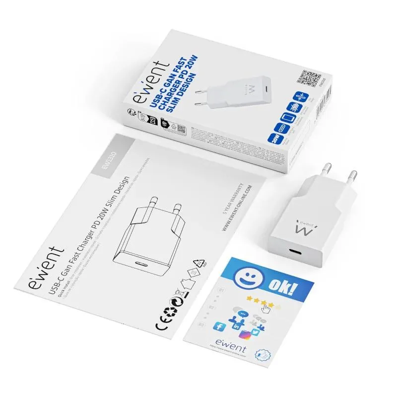 EWENT EW1310 Cargador rápido USB-C 20W Tec.Ganfast - Imagem de Detalhe 1