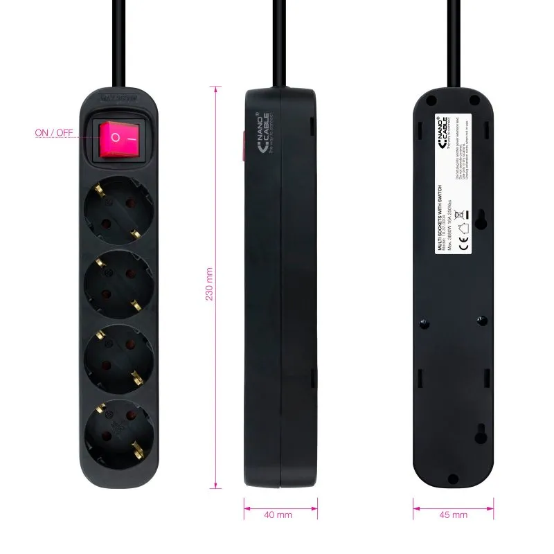 Nanocable Regleta 4 tomadas com interruptor Preto - Imagem de Detalhe 9