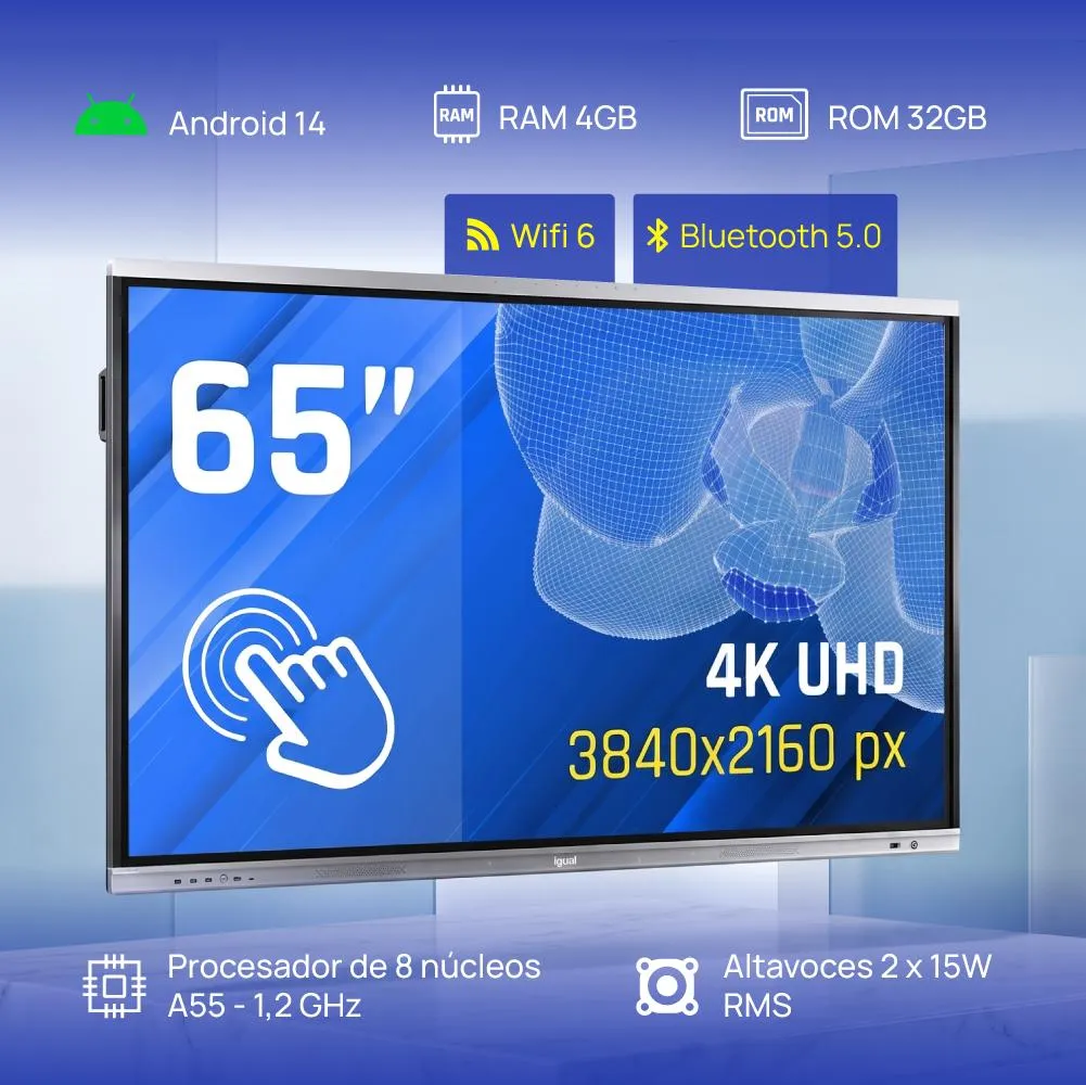 iggual Orchid 65" Plasma interativo 165,1 cm (65") LED Wi-Fi 400 cd/m² 4K Ultra HD Preto Ecrã táctil Processador built-in Android - Imagem de Detalhe 15