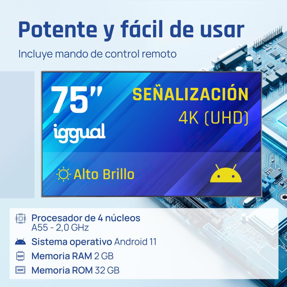 iggual IGG320051 ecrã de sinalização Plasma digital 190,5 cm (75") LED Wi-Fi 1500 cd/m² 4K Ultra HD Aço Processador built-in Android 11 - Imagem de Detalhe 4