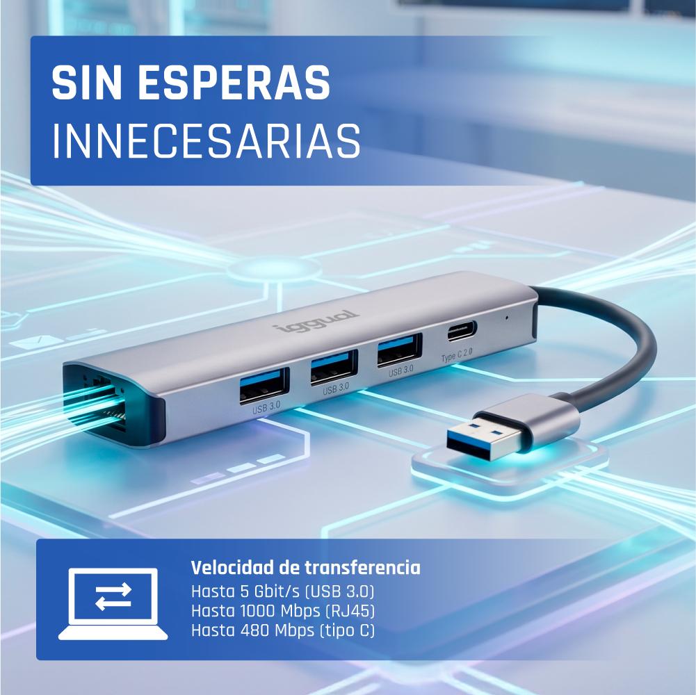 iggual Hub USB-A 5 puertos 3xUSB + RJ45 + tipo C - Imagem de Detalhe 16