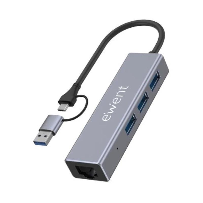 Ewent EW1159 hub de interface USB 3.2 Gen 1 (3.1 Gen 1) Type-A + Type-C 5000 Mbit/s Cinzento