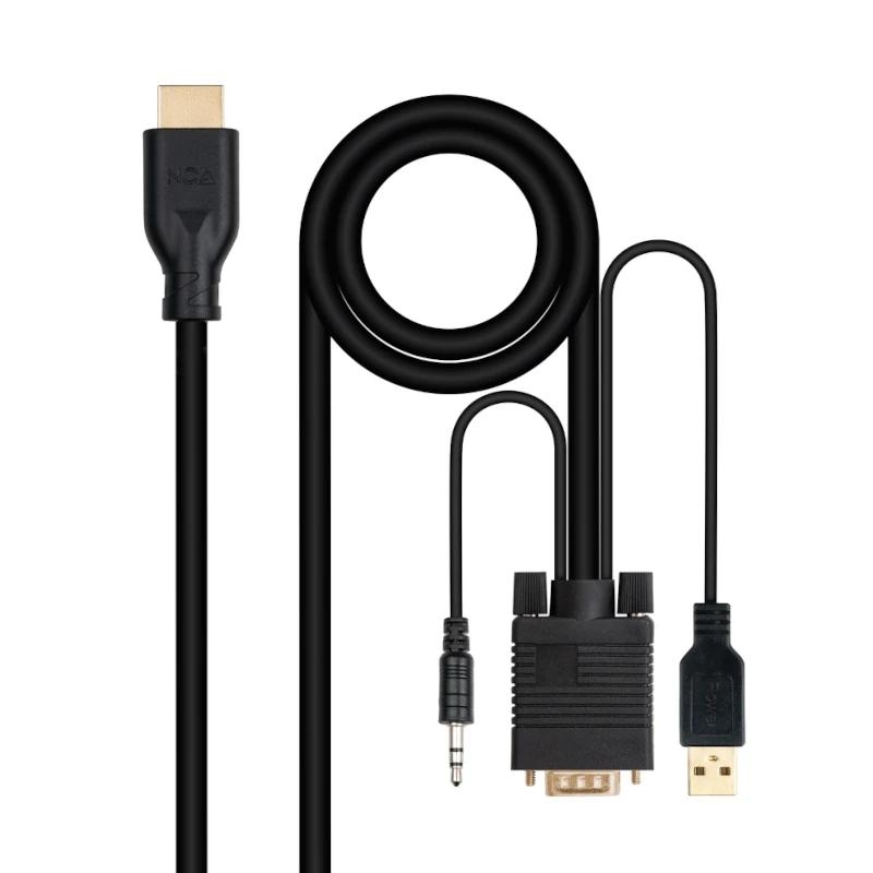 Nanocable 10.15.4612 adaptador de cabo de vídeo 1,8 m VGA (D-Sub) + 3.5mm + USB Type-A HDMI Preto
