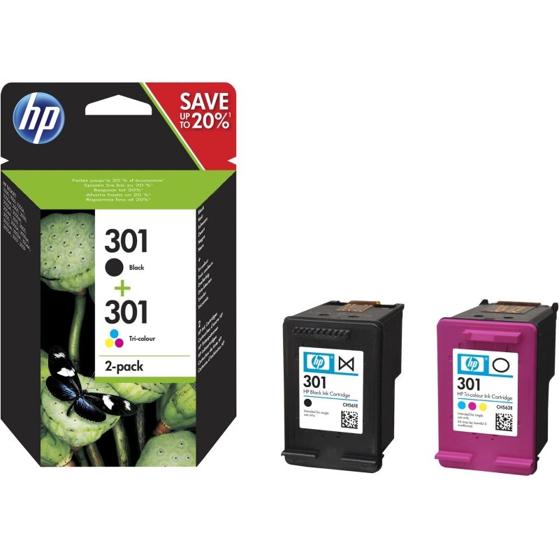 HP 301 2-pack Black/Tri-color Original Ink Cartridges tinteiro 2 unidade(s) Rendimento padrão Preto, Ciano, Magenta, Amarelo