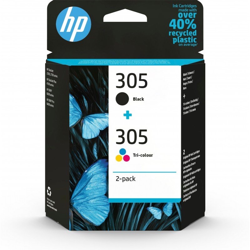 HP 305 2-Pack Tri-color/Black Original Ink Cartridge tinteiro 2 unidade(s) Rendimento padrão Preto, Ciano, Magenta, Amarelo